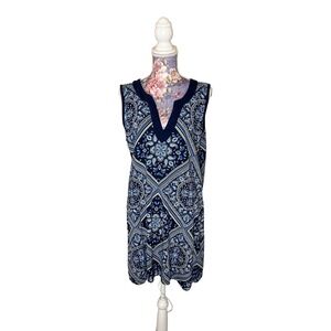 Lands End Womens Petite Large Blue Paisley Cotton Sleeveless V-Neck Shift Dress